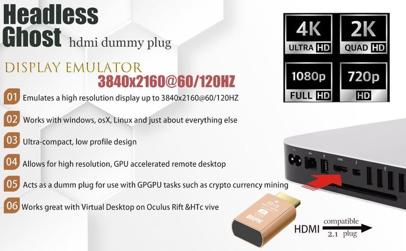 BKFK 2.1 HDMI Dummy Plug, hdmi Dummy, Dummy hdmi Headless Display Adapter Supports 4K@120Hz, 1440p@120Hz, 1080p@120Hz Virtual Monitor EDID Emulator - Image 2